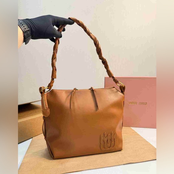 Miu Miu Embroidered Logo Brown Leather Shoulder Bag